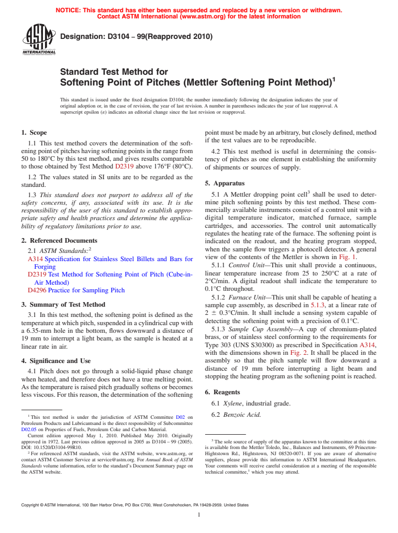 ASTM D3104-99(2010) - Standard Test Method for Softening Point of Pitches (Mettler Softening Point Method)