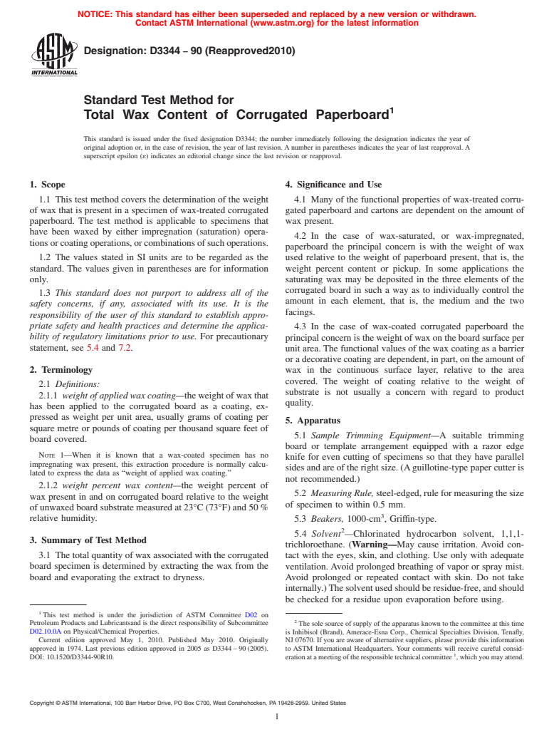 ASTM D3344-90(2010) - Standard Test Method for Total  Wax  Content  of  Corrugated  Paperboard