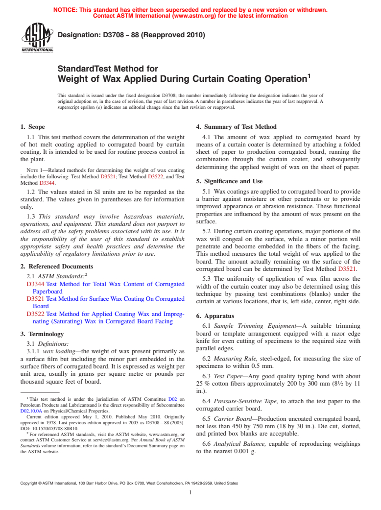 ASTM D3708-88(2010) - Standard Test Method for Weight of Wax Applied During Curtain Coating Operation (Withdrawn 2015)