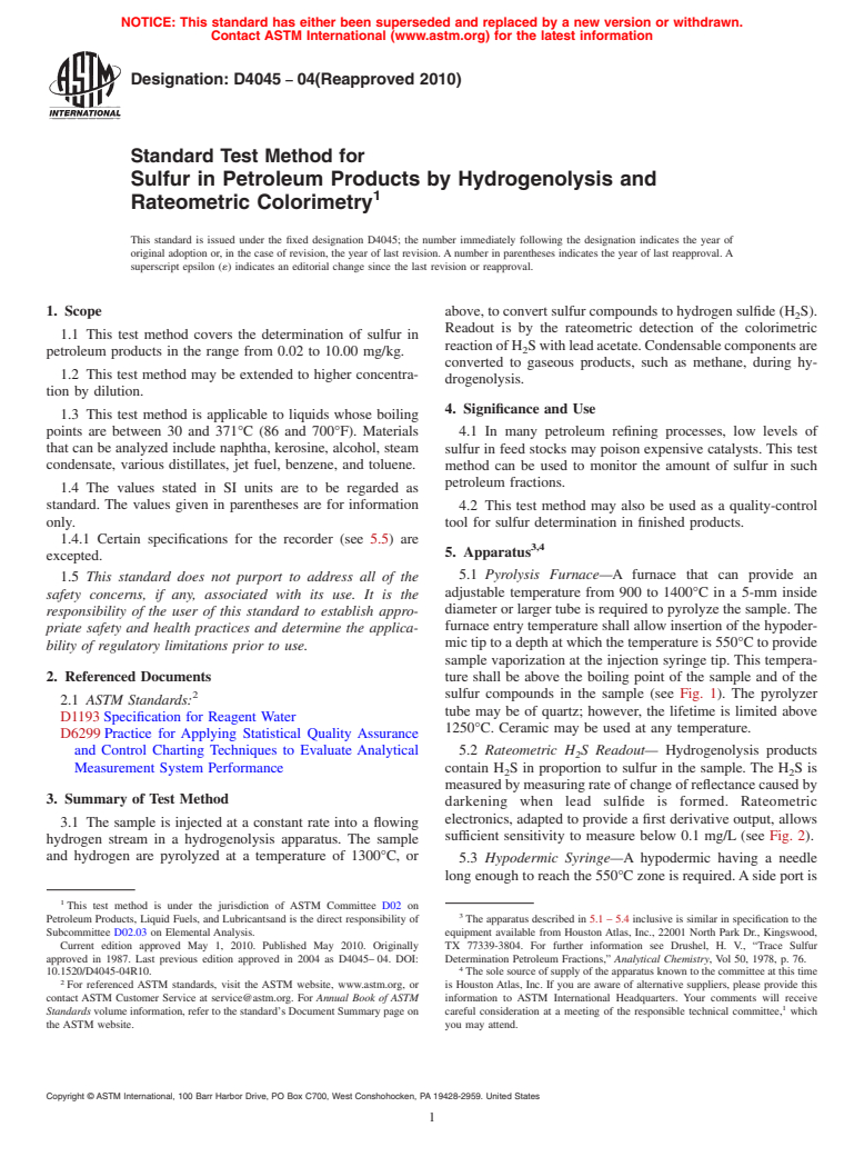 ASTM D4045-04(2010) - Standard Test Method for Sulfur in Petroleum Products by Hydrogenolysis and Rateometric Colorimetry