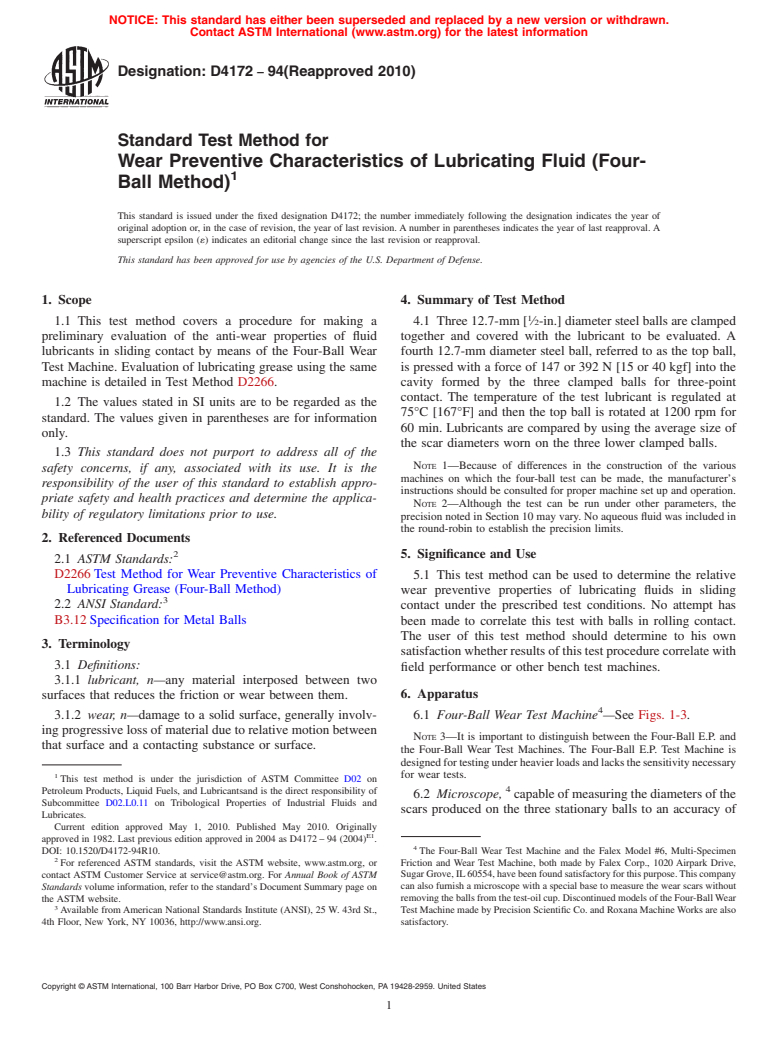 ASTM D4172-94(2010) - Standard Test Method for Wear Preventive Characteristics of Lubricating Fluid (Four-Ball Method)