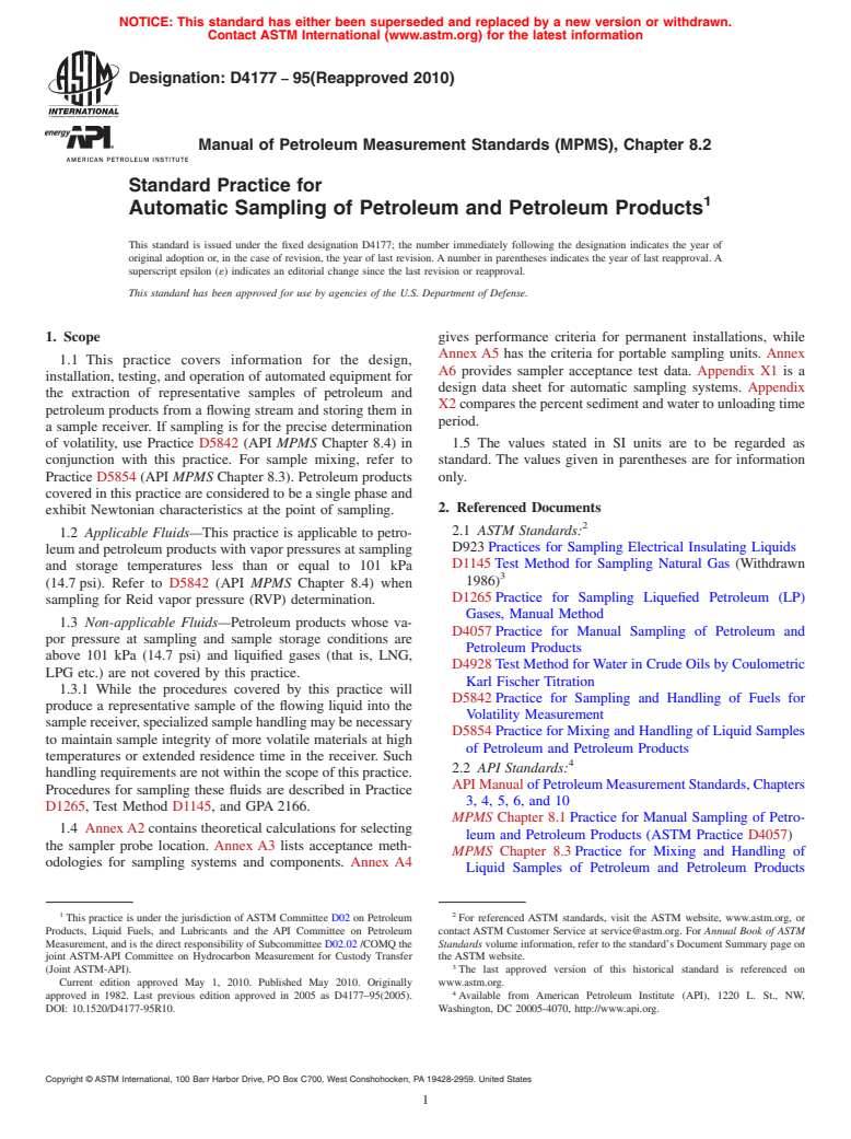 ASTM D4177-95(2010) - Standard Practice for Automatic Sampling of Petroleum and Petroleum Products