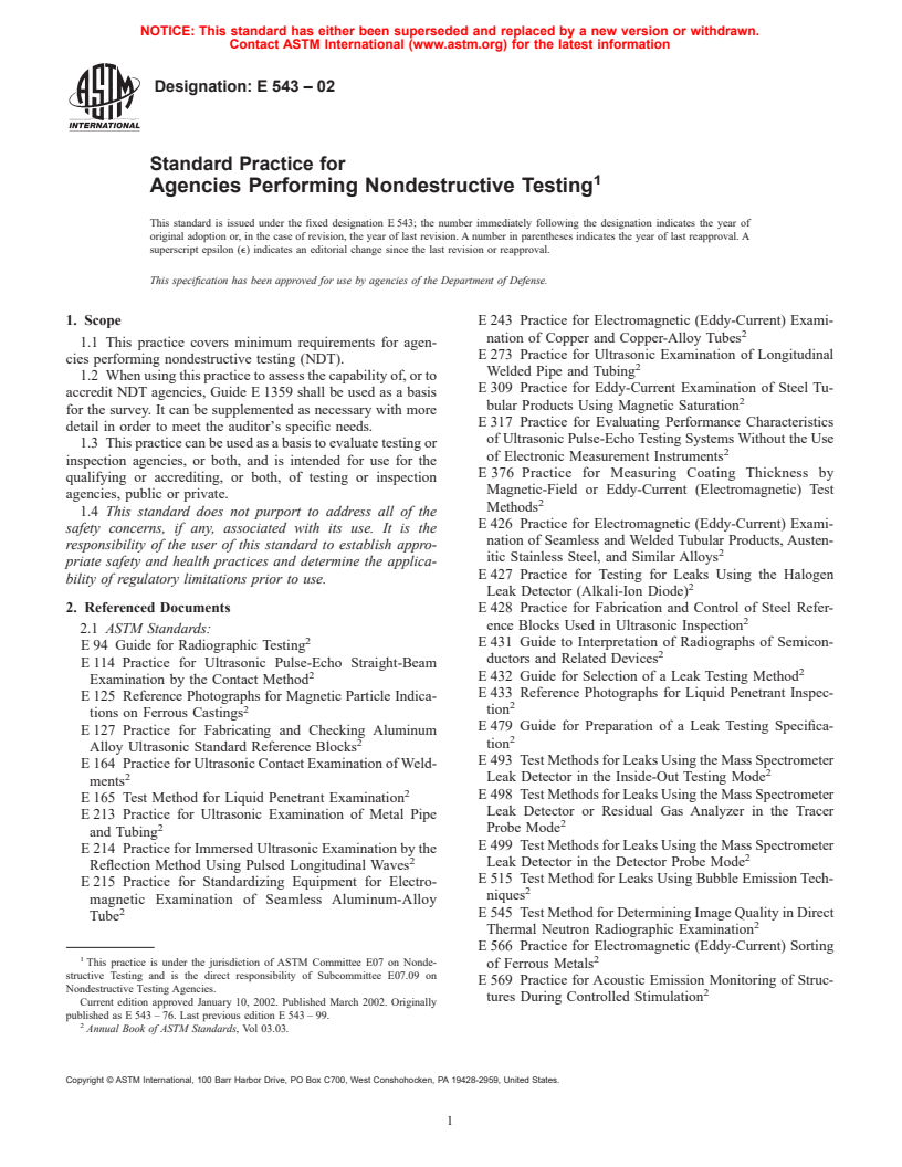 ASTM E543-02 - Standard Practice for Agencies Performing Nondestructive Testing