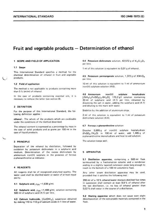 ISO 2448:1973 - Fruit and vegetable products -- Determination of ethanol