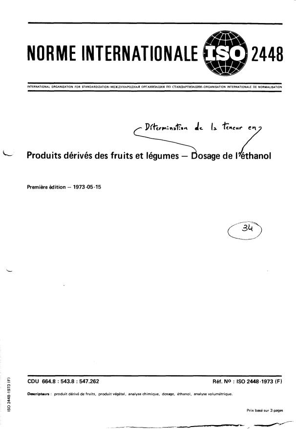 ISO 2448:1973 - Produits dérivés des fruits et légumes -- Dosage de l'éthanol