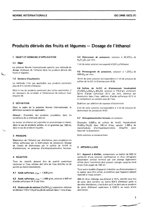ISO 2448:1973 ISO 2448:1973 - Produits dérivés des fruits et légumes -- Dosage de l'éthanol - Page 2 preview