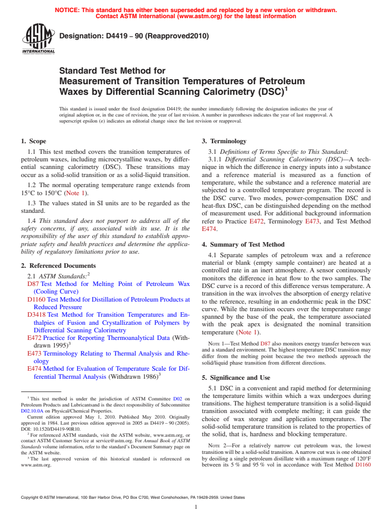 ASTM D4419-90(2010) - Standard Test Method for Measurement of Transition Temperatures of Petroleum Waxes by Differential Scanning Calorimetry (DSC)