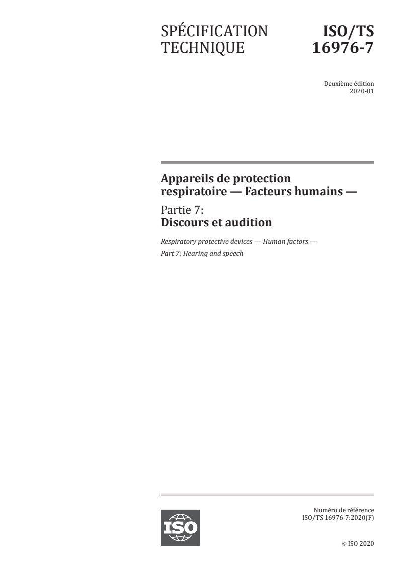 ISO/TS 16976-7:2020 ISO/TS 16976-7:2020 - Appareils de protection respiratoire — Facteurs humains — Partie 7: Discours et audition
Released:3/19/2020