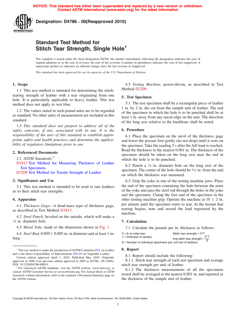 ASTM D4786-00(2010) - Standard Test Method for Stitch Tear Strength, Single Hole