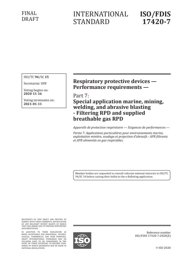 ISO/FDIS 17420-7:Version 14-nov-2020 - Respiratory protective devices -- Performance requirements