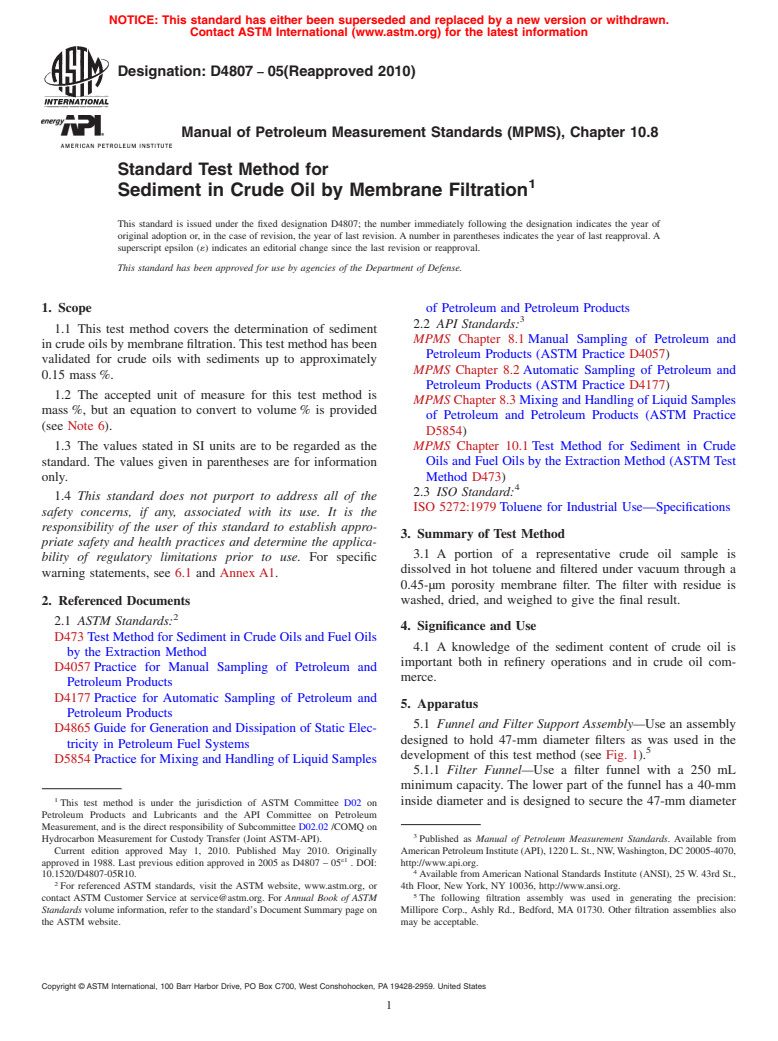 ASTM D4807-05(2010) - Standard Test Method for Sediment in Crude Oil by Membrane Filtration