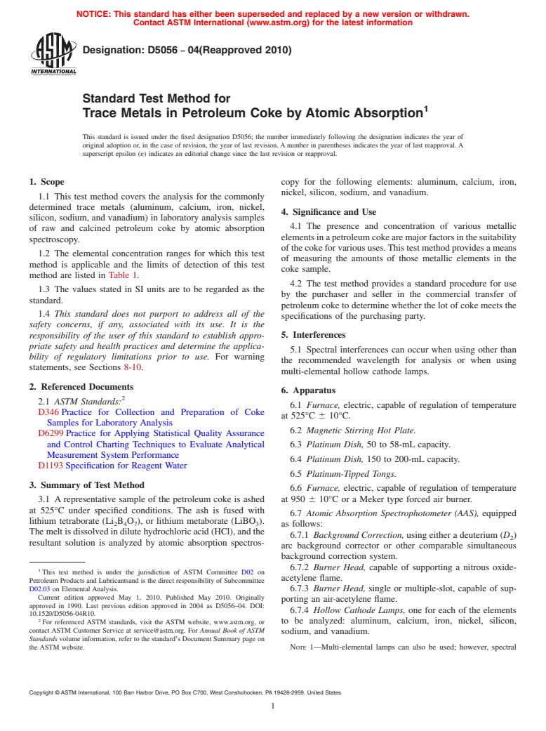 ASTM D5056-04(2010) - Standard Test Method for Trace Metals in Petroleum Coke by Atomic Absorption