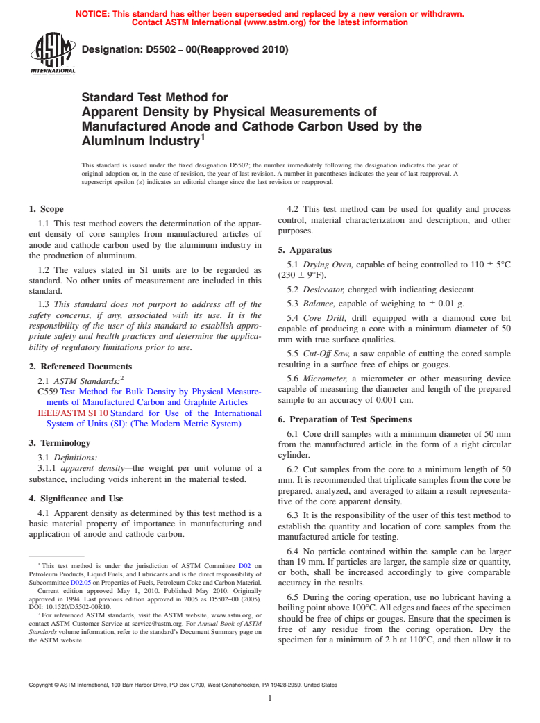 ASTM D5502-00(2010) - Standard Test Method for Apparent Density by Physical Measurements of Manufactured Anode and Cathode Carbon Used by the Aluminum Industry