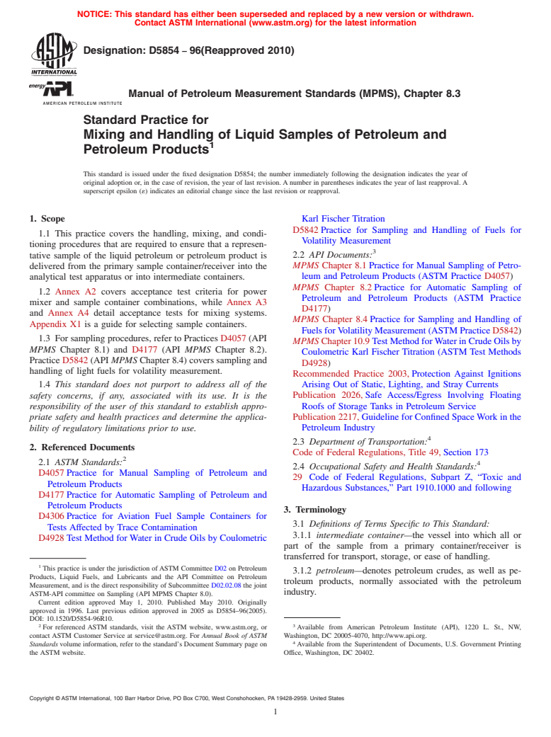 ASTM D5854-96(2010) - Standard Practice for Mixing and Handling of Liquid Samples of Petroleum and Petroleum Products