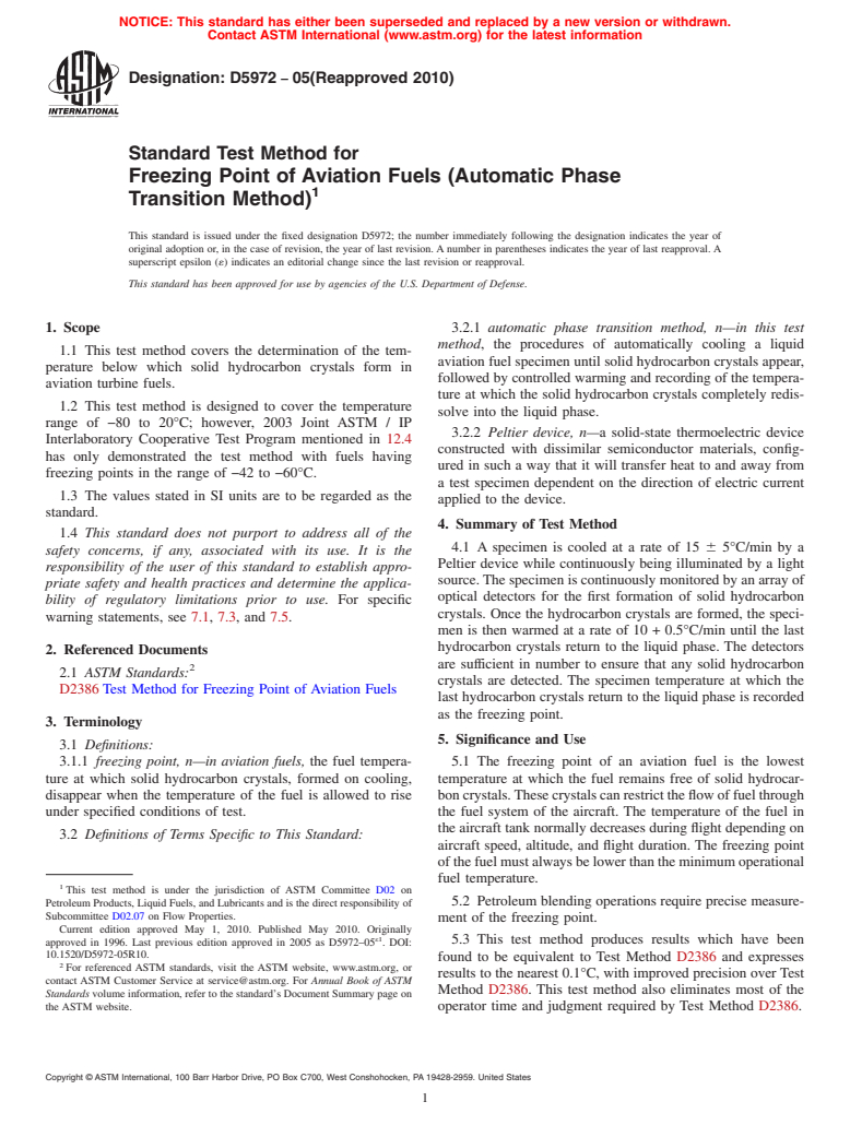 ASTM D5972-05(2010) - Standard Test Method for Freezing Point of Aviation Fuels (Automatic Phase Transition Method)