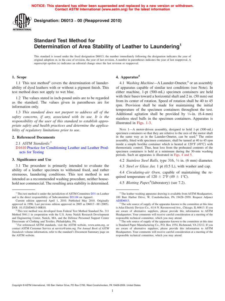 ASTM D6013-00(2010) - Standard Test Method for Determination of Area Stability of Leather to Laundering