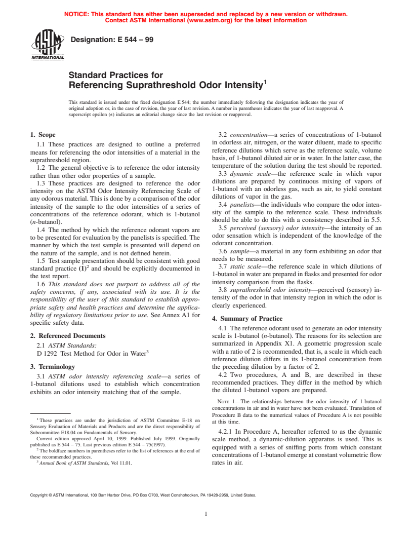 ASTM E544-99 - Standard Practices for Referencing Suprathreshold Odor Intensity