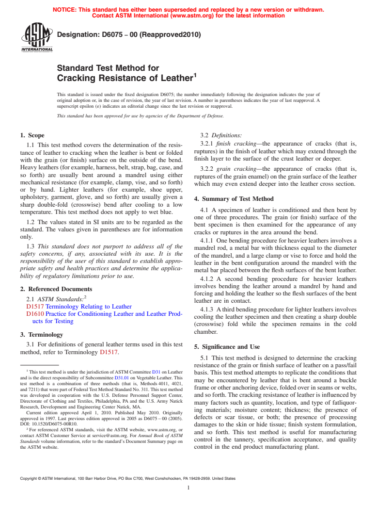 ASTM D6075-00(2010) - Standard Test Method for Cracking Resistance of Leather