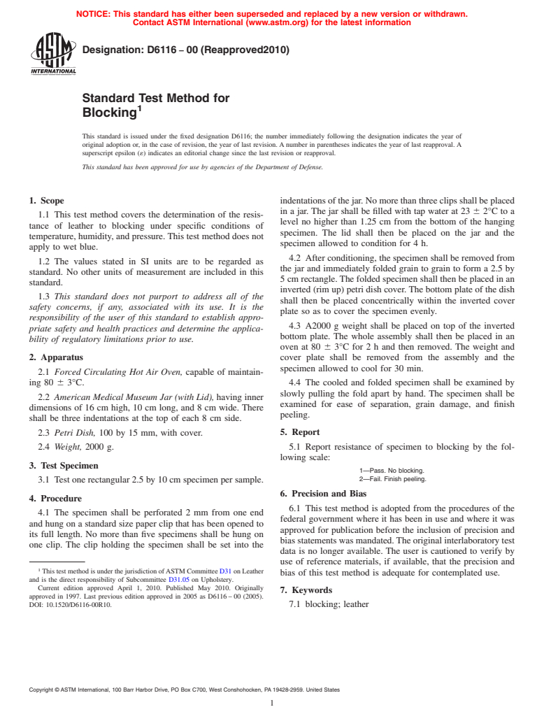 ASTM D6116-00(2010) - Standard Test Method for Blocking