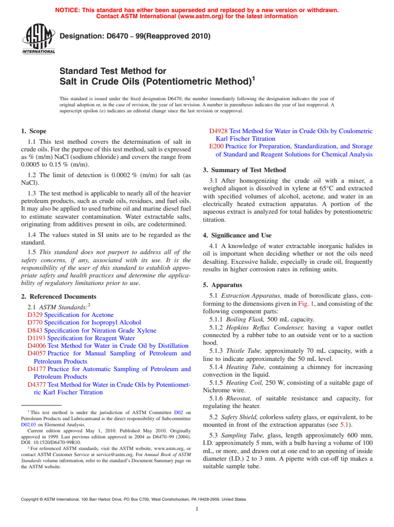 ASTM D6470-99(2010) - Standard Test Method for Salt in Crude Oils (Potentiometric Method)