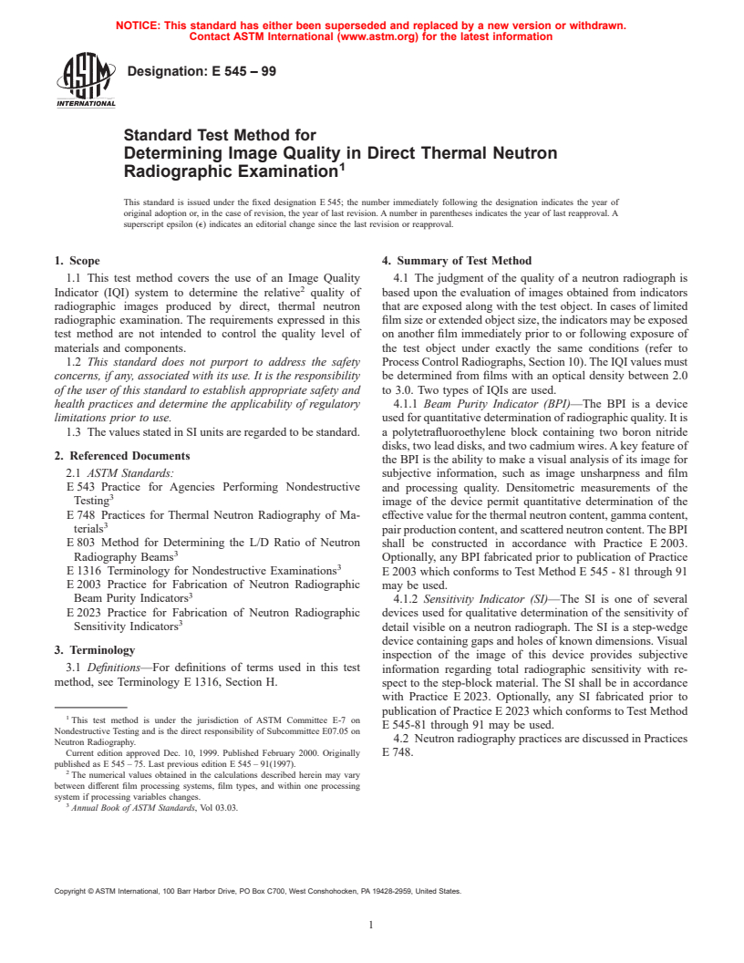 ASTM E545-99 - Standard Test Method for Determining Image Quality in Direct Thermal Neutron Radiographic Examination