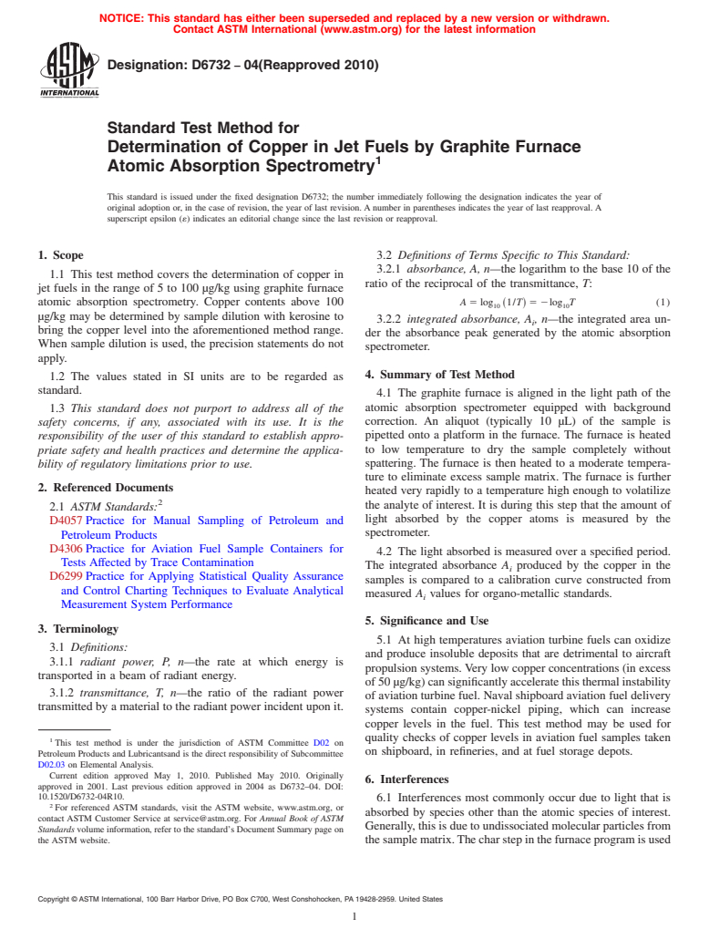 ASTM D6732-04(2010) - Standard Test Method for Determination of Copper in Jet Fuels by Graphite Furnace Atomic Absorption Spectrometry