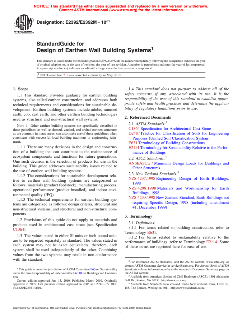 ASTM E2392/E2392M-10e1 - Standard Guide for Design of Earthen Wall Building Systems