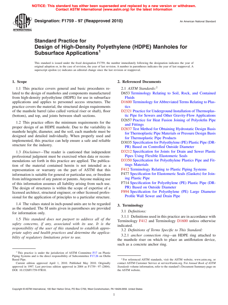 ASTM F1759-97(2010) - Standard Practice for Design of High-Density Polyethylene (HDPE) Manholes for Subsurface Applications