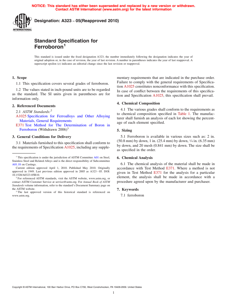 ASTM A323-05(2010) - Standard Specification for Ferroboron