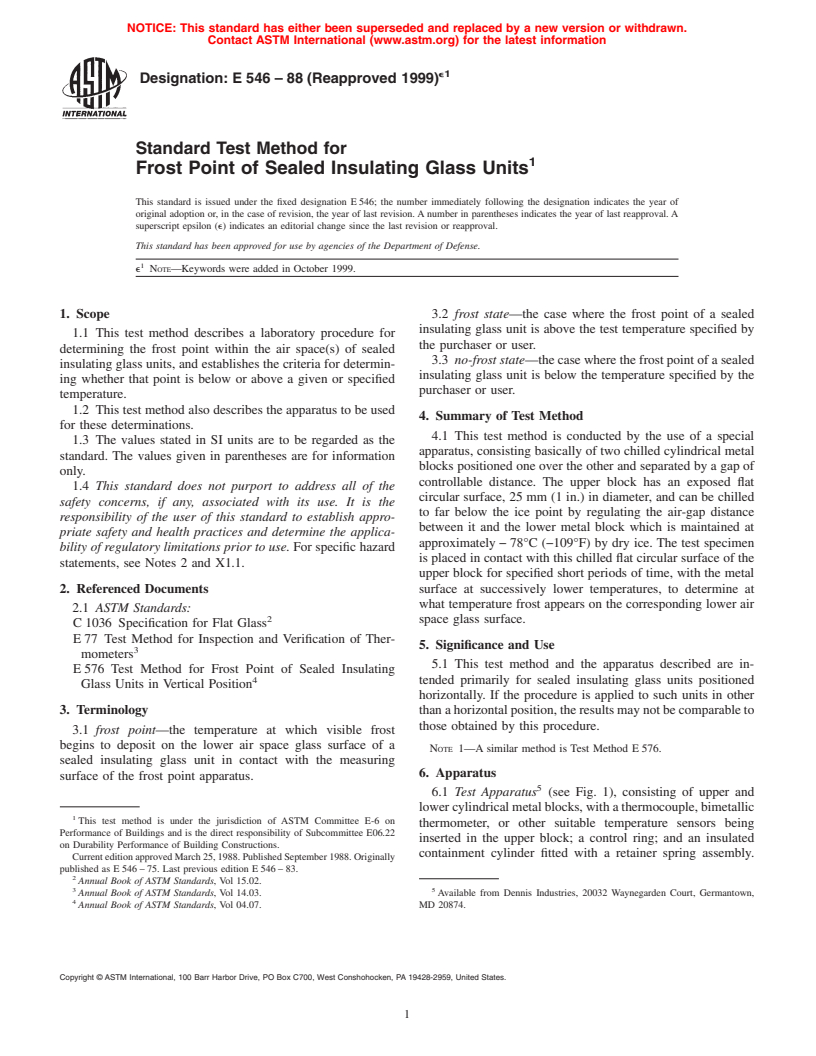 ASTM E546-88(1999)e1 - Standard Test Method for Frost Point of Sealed Insulating Glass Units