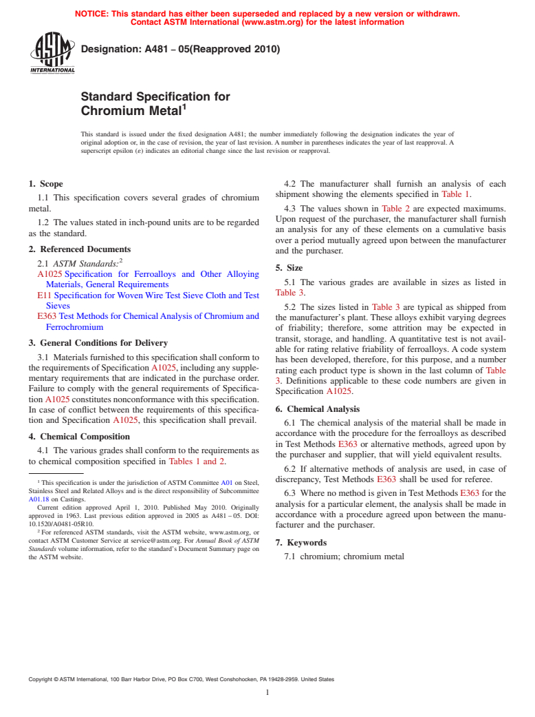 ASTM A481-05(2010) - Standard Specification for Chromium Metal