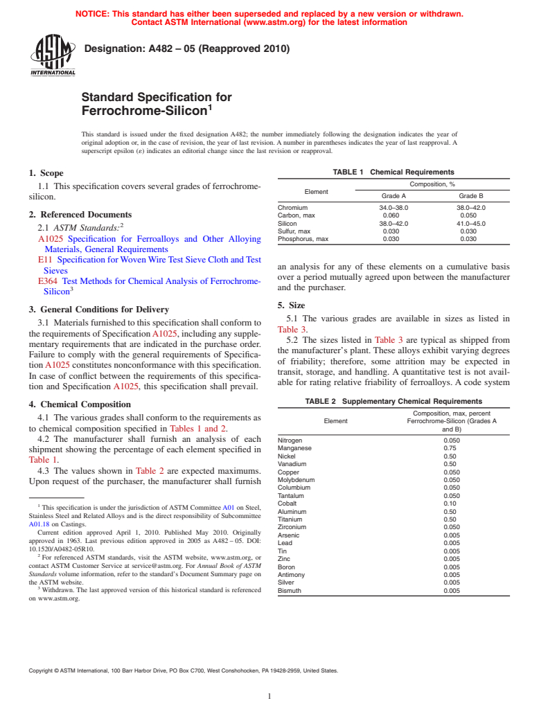 ASTM A482-05(2010) - Standard Specification for Ferrochrome-Silicon