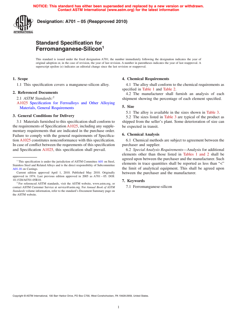 ASTM A701-05(2010) - Standard Specification for Ferromanganese-Silicon