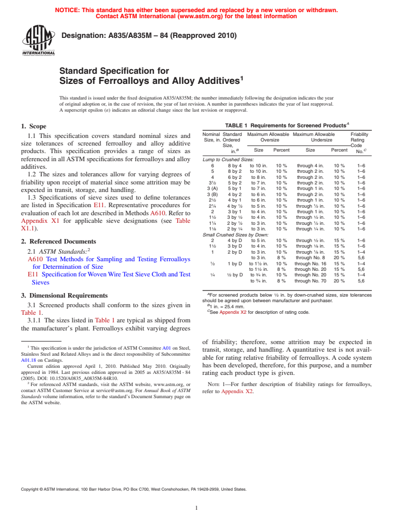 ASTM A835/A835M-84(2010) - Standard Specification for Sizes of Ferroalloys and Alloy Additives