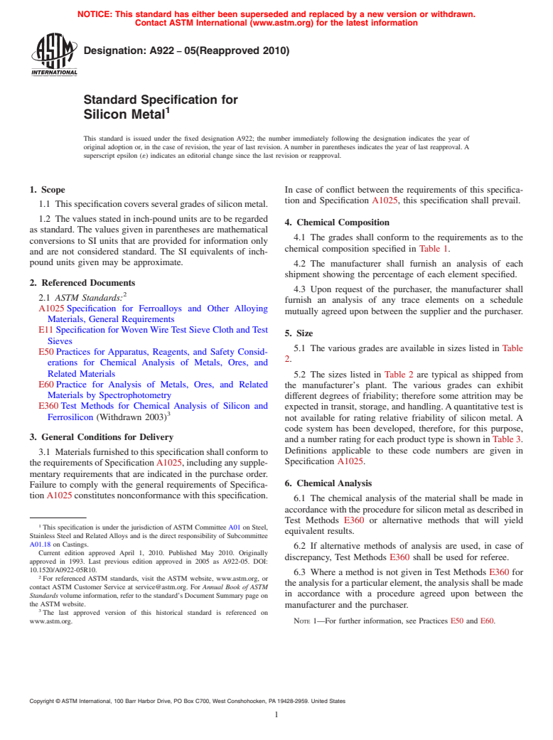 ASTM A922-05(2010) - Standard Specification for Silicon Metal