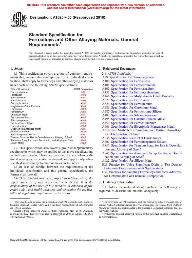 ASTM A1025-05(2010) - Standard Specification for Ferroalloys, General Requirements