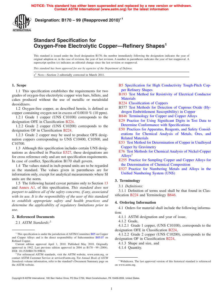 ASTM B170-99(2010) - Standard Specification for Oxygen-Free Electrolytic Copper&#8212;Refinery Shapes