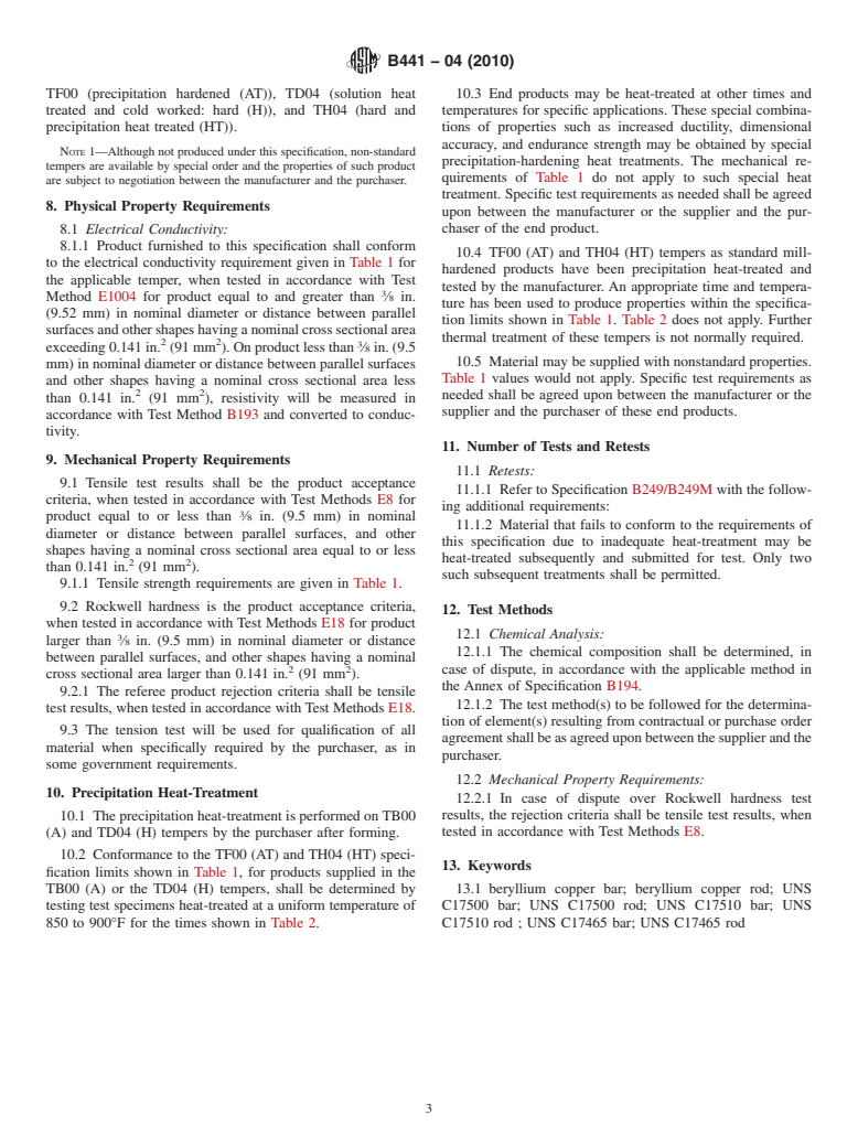 ASTM B441-04(2010) - Standard Specification for Copper-Cobalt-Beryllium, Copper-Nickel-Beryllium, and Copper-Nickel-Lead-Beryllium Rod and Bar (UNS Nos. C17500, C17510, and C17465)