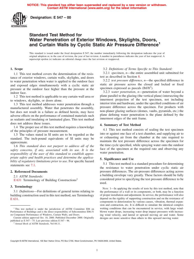 ASTM E547-00 - Standard Test Method for Water Penetration of Exterior Windows, Skylights, Doors, and Curtain Walls by Cyclic Static Air Pressure Difference