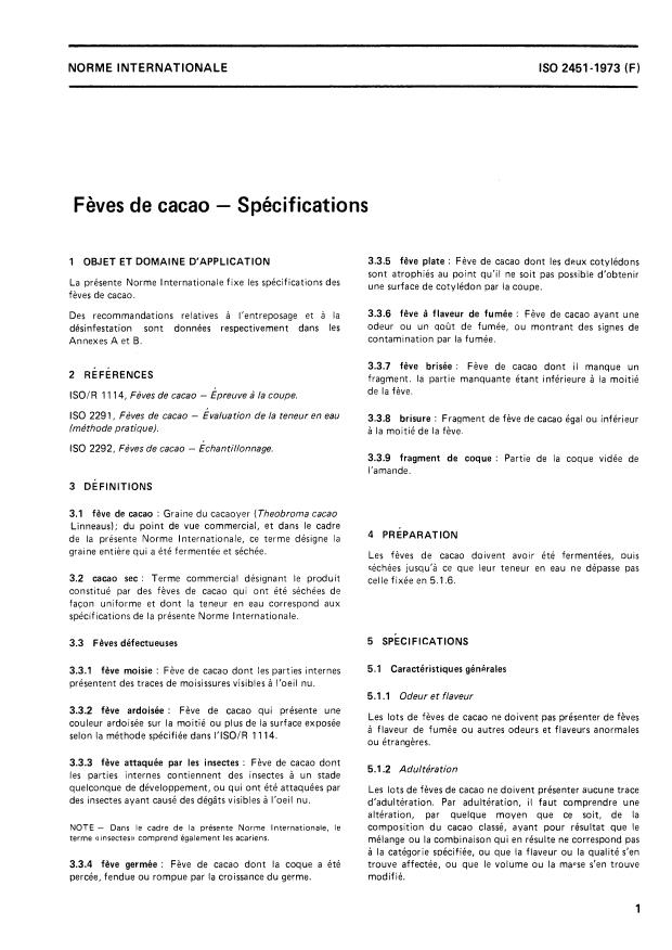 ISO 2451:1973 - Feves de cacao -- Spécifications