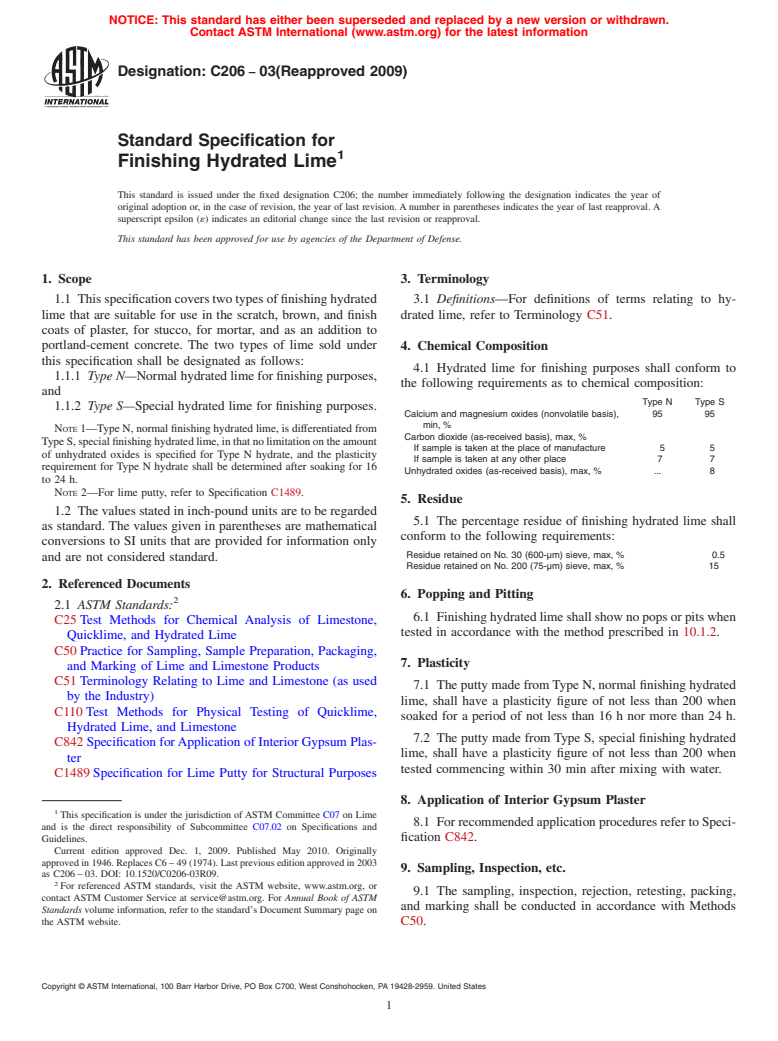 ASTM C206-03(2009) - Standard Specification for Finishing Hydrated Lime