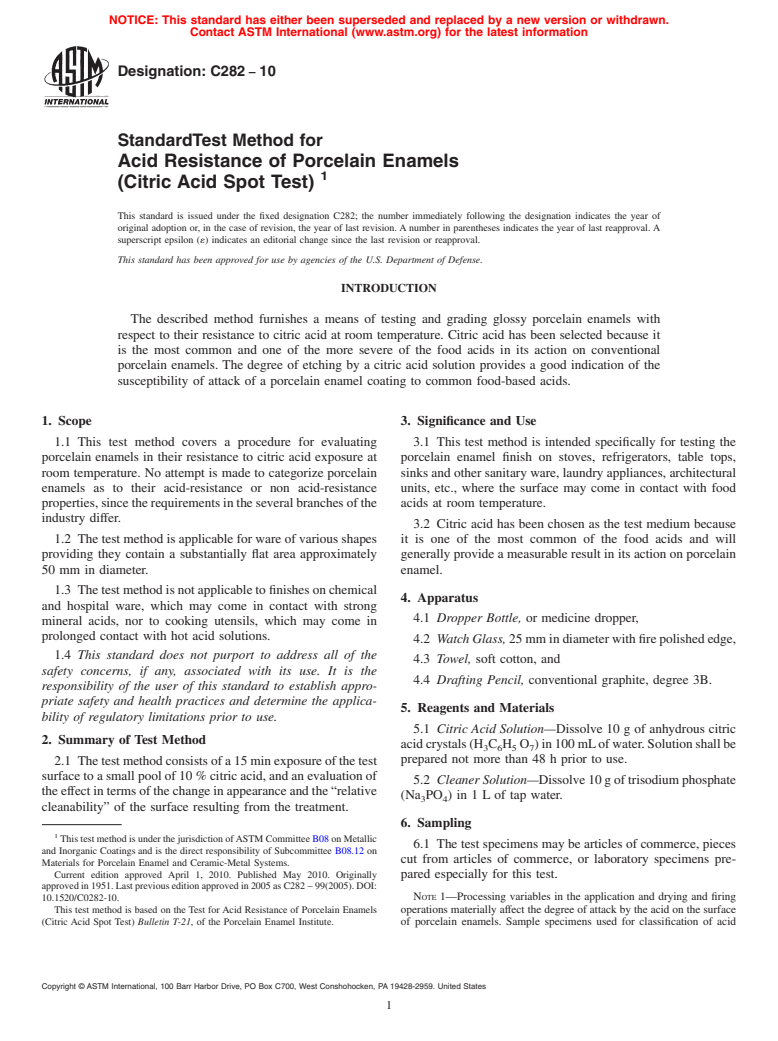 ASTM C282-10 - Standard Test Method for Acid Resistance of Porcelain Enamels (Citric Acid Spot Test)