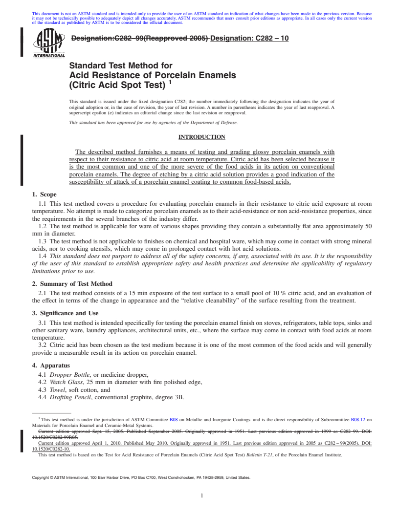 REDLINE ASTM C282-10 - Standard Test Method for Acid Resistance of Porcelain Enamels (Citric Acid Spot Test)