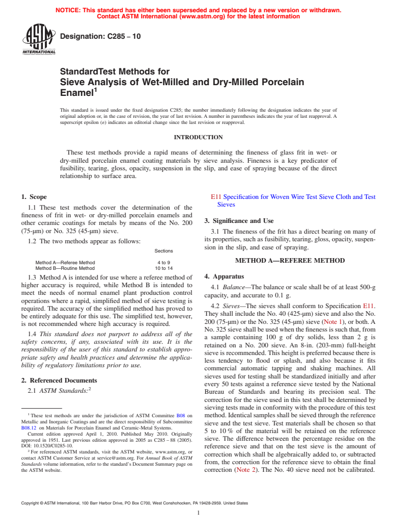 ASTM C285-10 - Standard Test Methods for Sieve Analysis of Wet-Milled and Dry-Milled Porcelain Enamel