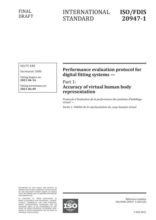 ISO/FDIS 20947-1:Version 10-apr-2021 - Performance evaluation protocol for digital fitting systems