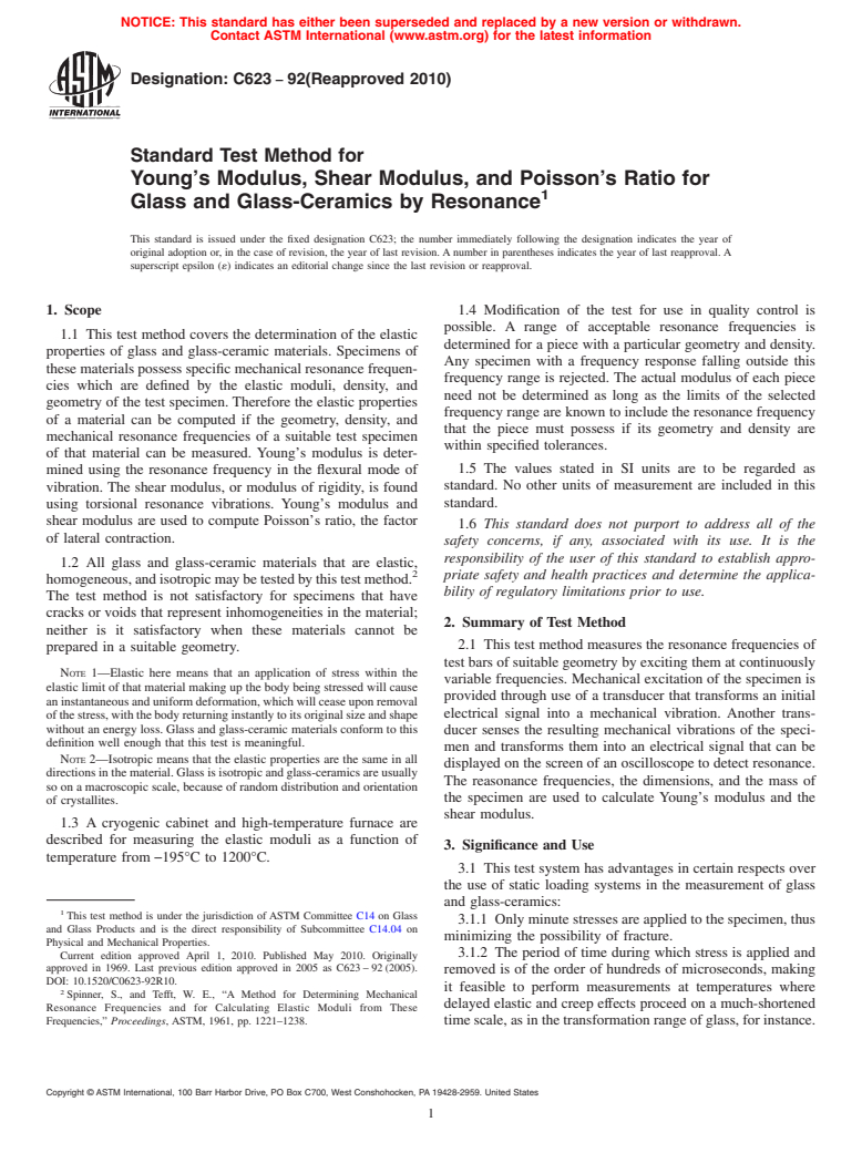 ASTM C623-92(2010) - Standard Test Method for Young's Modulus, Shear Modulus, and Poisson's Ratio for Glass and Glass-Ceramics by Resonance