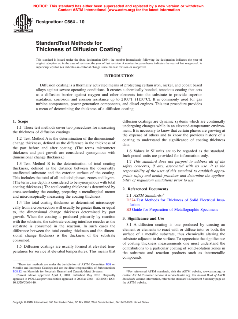 ASTM C664-10 - Standard Test Methods for Thickness of Diffusion Coating