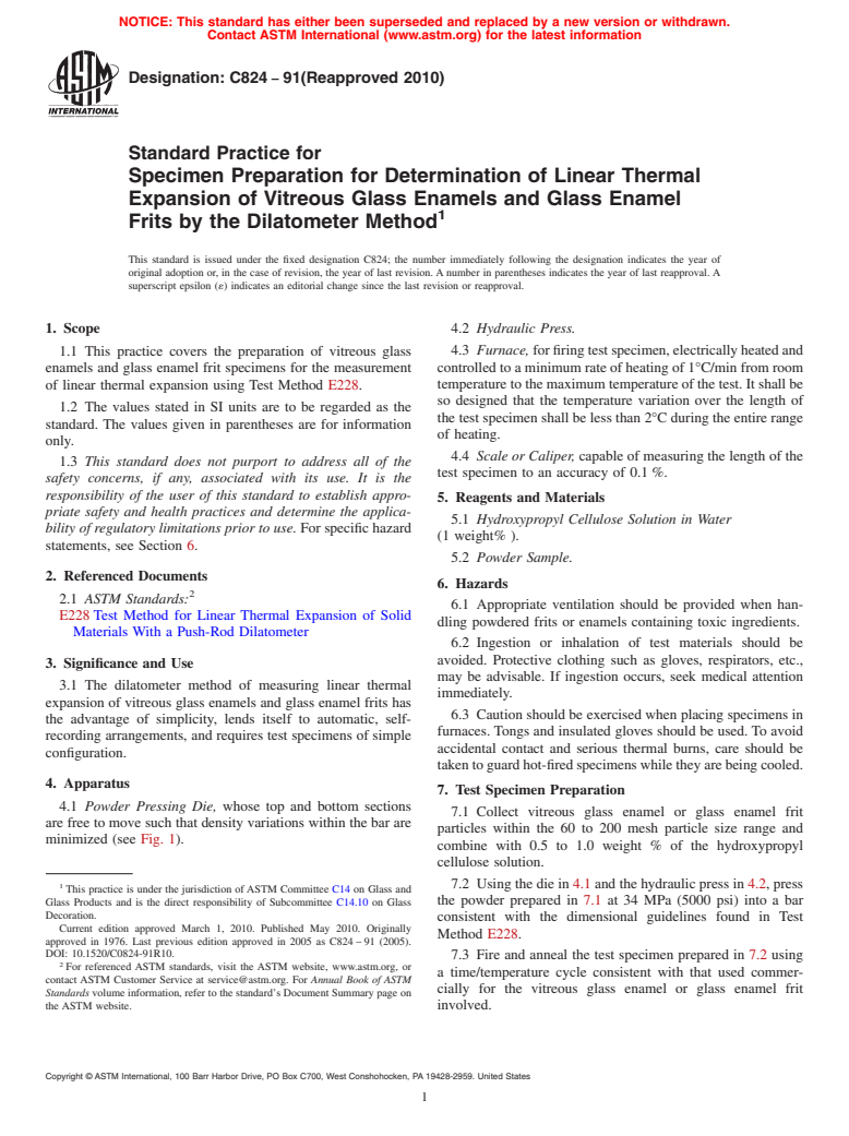 ASTM C824-91(2010) - Standard Practice for Specimen Preparation for Determination of Linear Thermal Expansion of Vitreous Glass Enamels and Glass Enamel Frits by the Dilatometer Method