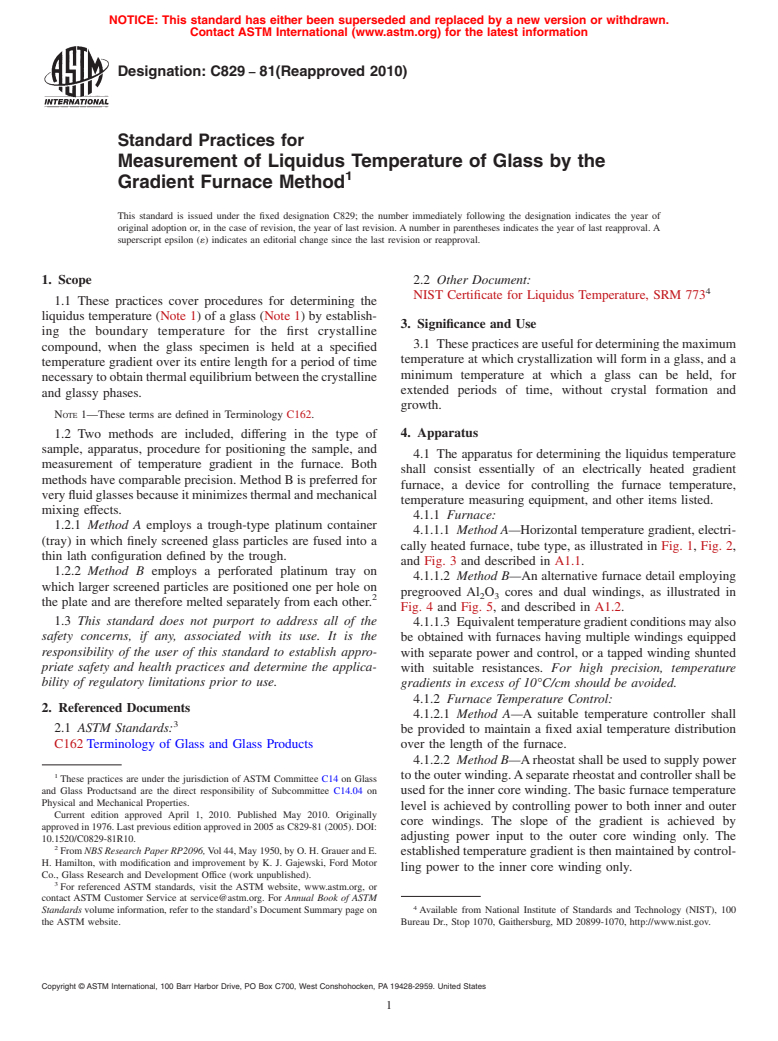 ASTM C829-81(2010) - Standard Practices for Measurement of Liquidus Temperature of Glass by the Gradient Furnace Method