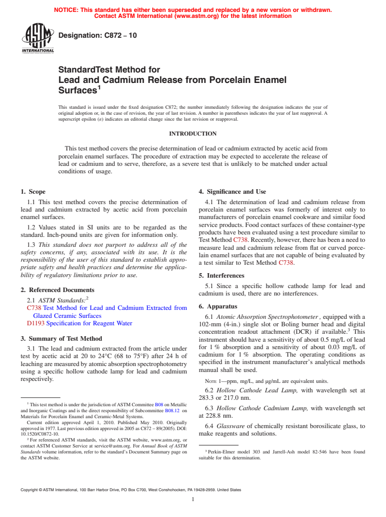 ASTM C872-10 - Standard Test Method for Lead and Cadmium Release from Porcelain Enamel Surfaces